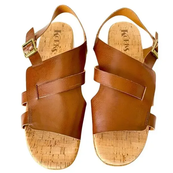 Korks Fallon Brown Faux Leather Wedge Heel Platform Slingback Sandals Size 8 - Picture 3 of 9